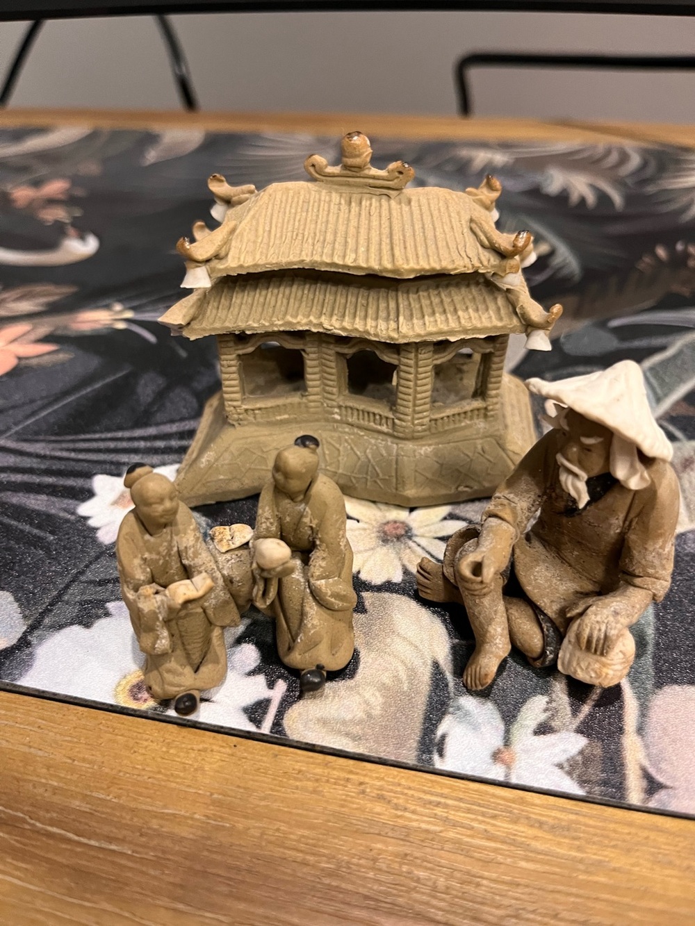 Vintage Mud Man Ceramic Figurines and Pagoda Set